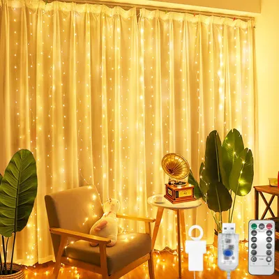 LED-Lichtvorhang 2x2 m, warmweiß, 200 LEDs, USB, 8 Modi