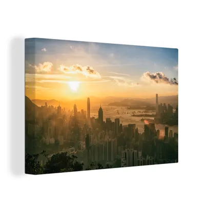 Obrázok produktu pre OneMillionCanvasses® - Maľba na plátne - Obraz na plátne Nástenná maľba na plátne - Západ slnka v Hongkongu - 150x100cm - Fotografia na plátne - maľba