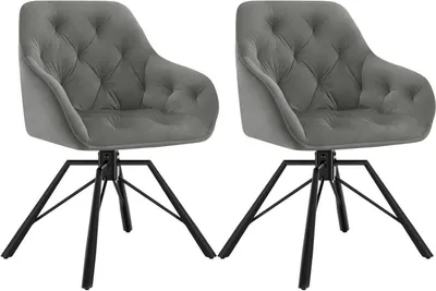 Two dark gray velvet swivel chairs with black metal legs are shown against a white background.