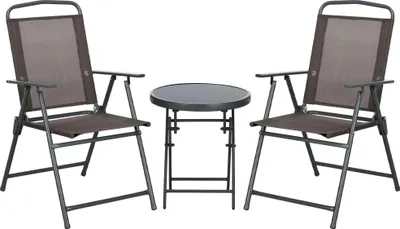Produktbild von Bistro-Set 3-teilig aus Metall Wetterfest Gartenmöbel Set mit klappbar Glastisch Gartenstühlen Braun