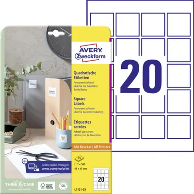 Produktbild von Avery Zweckform L7121-25 Quadratische Etiketten, A4, 45 x 45 mm, 25 Bogen/500 Etiketten, weiß