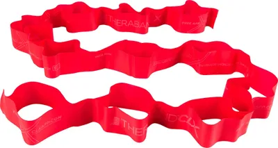 A red Theraband CLX fitness band is laid out in a wavy pattern against a white background.