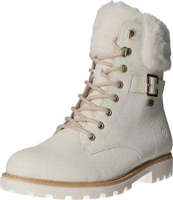 A single white boot with fur trim and beige laces is shown against a white background.