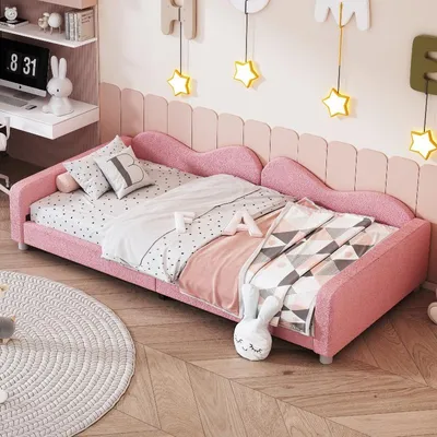 Obrázok produktu pre Detská postel 90x200 cm, ružová. Čalúnená posteľ z plyšovej látky, ktorá sa dá využiť aj ako rozkladacia sedačka. Posteľ pre tínedžov s opierkou a bočnicami. Rám postele z drevených lamiel