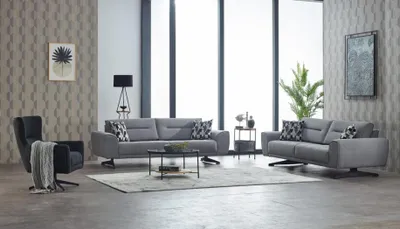 Produktbild von Garnitur Dreisitzer Sessel Couch Stoff 3tlg Polstersofa Sofa Grau Set