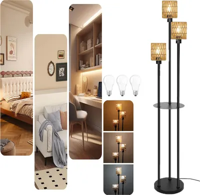 Produktbild von 40W Rattan Stehlampe 3 kopf mit 3 Glühbirne,LED Stehleuchte Boho mit Fußschalter & Regal,3-Farben LED Leselampe Dimmbar,Höhe 165cm,Schwarz