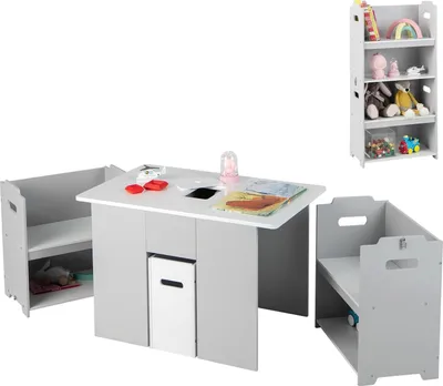 Obrázek produktu pro KOMFOTTEU 3 KS. Dětská sedací souprava, dětský stůl se 2 židlemi z MDF, multifunkční dětská sedací souprava s úložným prostorem, stůl na aktivity pro děti od 3 let, šedá + bílá barva