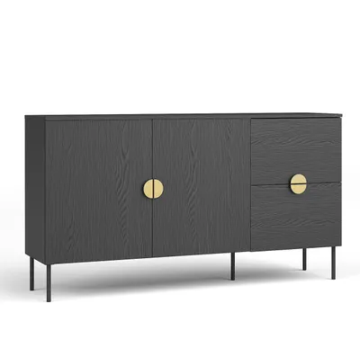 Image de AX LIVING Grande commode Brunelli 160 noir imitation bois poignées dorées