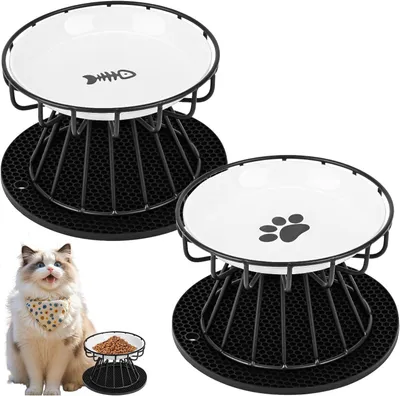 Imagen del producto de Dos cuencos de cerámica para comida y agua para gatos, elevados, con soporte de silicona y metal, color , para gatos