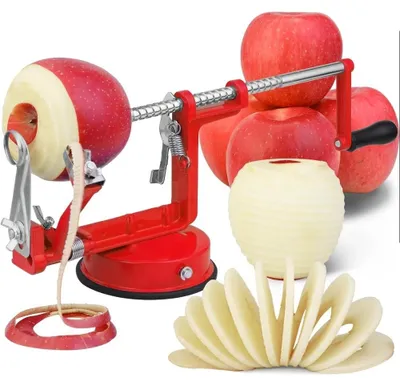 Image de Épluche-pommes - 3 en 1 : éplucheur, trancheur et dénoyauter - Lame en acier inoxydable - Ventouse - Pour les pommes et les pommes de terre - Rouge