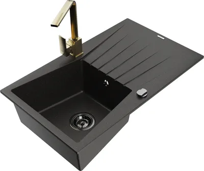 Produktbild von Mexen Cesar 1 Becken-Granitspüle mit Abtropffläche und Mischbatterie Rita, Schwarz/Gold metallisch - 6514-75-670300-50-B