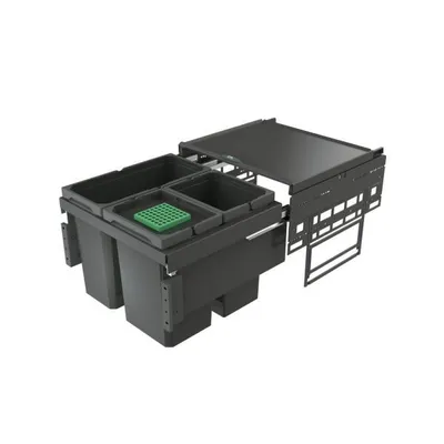A dark gray kitchen waste bin system with multiple compartments and a green insert, shown on a white background.