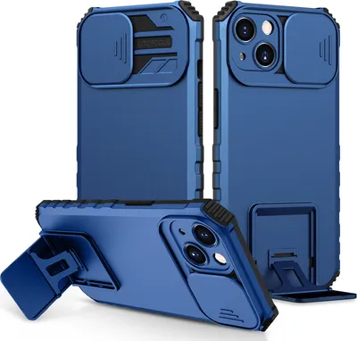 Immagine prodotto di Custodia per iPhone 13 robusta a doppio strato, protezione militare con kickstand e protezione fotocamera scorrevole blu