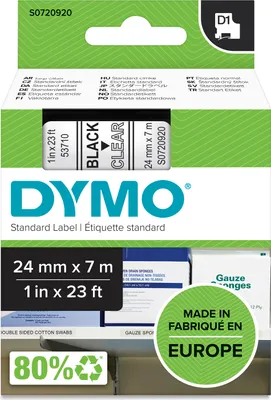 Produktbild von DYMO Original D1-Etikettenband | schwarz auf transparent | 24 mm x 7 m | selbstklebendes Schriftband | für LabelManager-Beschriftungsgerät