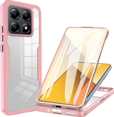 A pink and transparent phone case is shown, with a phone inside the case on the right side of the image.