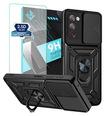 A black phone case with a built-in ring stand and a sliding camera cover, shown with a screen protector.