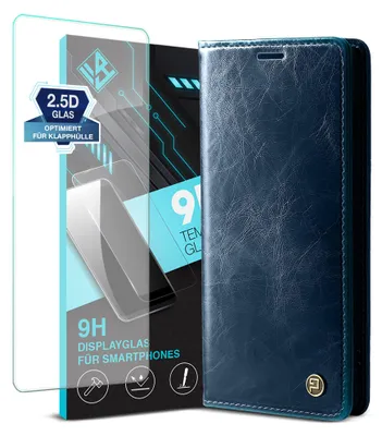 Produktbild von Handyhülle für Samsung Galaxy A26 5G mit 9H Displayglas Kunstleder Klapphülle Vintage Cover Hülle RFID Schutz Case Kartenfach Farbe: Blau