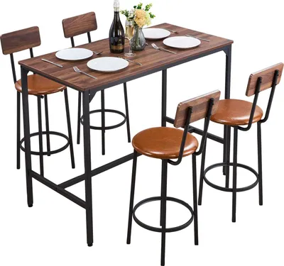 Produktbild von Bartisch - Set 5-teilig mit 4 Barhockern - Rechteckiger Stehtisch/Kneipentisch 120 x 60 x 91,5 cm - Abgerundete Kanten - Bistrotisch/Esstisch - Für Küche Esszimmer Wohnzimmer