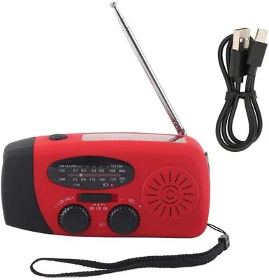 Obrázok produktu pre Prenosné rádio Unyqoos® s možnosťou rozvinutia, vybavené solárnym nabíjaním, ručnou kľukou a USB nabíjacím portom, s funkciami AM/FM/WB rádia a počasia, s 3 LED diódam a možnosťou nabíjania mobilných telefónov