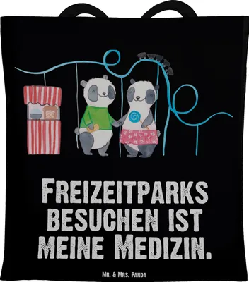 Produktbild von Mr. & Mrs. Panda Shopping Tasche Pandas Freizeitpark besuchen - Schwarz - Geschenk, Beutel, Tote Bag, Jutebeutel, Achterbahn fahren, Schultasche