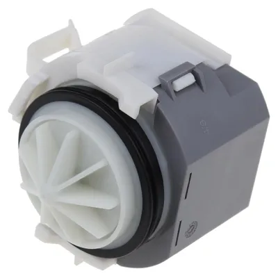 A close-up studio shot of a washing machine drain pump.