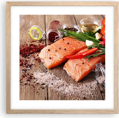 Produktbild von Gerahmtes Poster - Rahmen in heller Eiche - Lachs Fisch Essen Küche - 40x40 cm - Wand Bild - Wanddeko - Wandbilder - Wandposter - Bilderrahmen - Bilder - Kunstdruck - Wandbild - P2NAC40x40-2822
