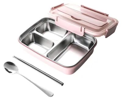 Produktbild von Lunchbox aus Edelstahl mit 3/4 Fächern, auslaufsicher, Bento-Box mit Essstäbchen, Löffel und Handyhalterung