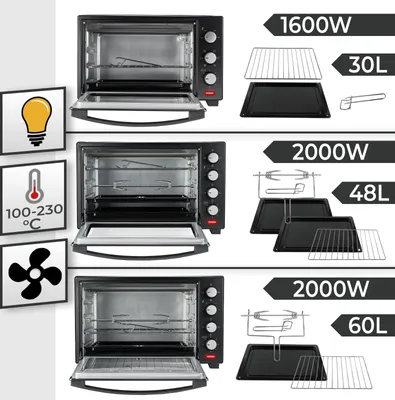 Produktbild von Jago® Minibackofen - mit Umluft, Innenbeleuchtung, Elektrisch, 30L, 5 Kochmodi, 1600W, Timer, 100 - 230 °, Doppelglastür, Schwarz - Mini Backofen