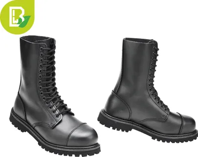 Two black leather boots with laces and cap toes are shown against a white background. A green and white logo is in the top left corner.