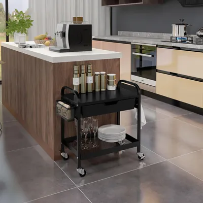 Zdjęcie produktu dla Wózek wielofunkcyjny z szufladą, półką i 4 kółkami, wymiary: 61 x 32,6 x 58,5 cm, kolor: czarny