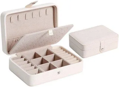Produktbild von Reise-Schmuckkoffer, doppelreihiger tragbarer Schmuckkoffer, weicher Schmuckkoffer, Reise-Schmuckkoffer mit doppeltem Fach, für Ohrstecker, Armbänder und Ketten, tragbarer Schmuckkoffer mit 2 Fächern, weiß, 1 Stück, gebrochen
