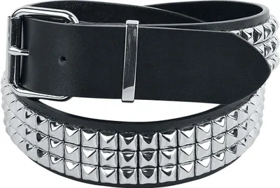 A close-up studio shot of a black leather belt with three rows of silver pyramid studs.