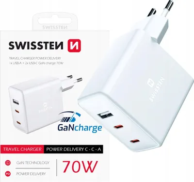 Zdjęcie produktu dla Swissten GaN Tīkla Lādētājs 2 x USB-C / USB / 70W