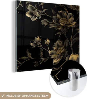 Produktbild von MuchoWow Glasbilder - Bilder auf Wandbild - Foto auf Glas Blumen - Schwarz - Gold - Strichzeichnung 40x40 cm Wanddekoration aus Glas - Acrylglasbild - Acrylbilder