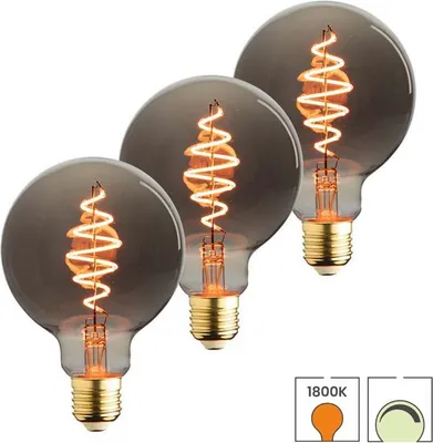 Produktbild von 3-er Set LED-Lampen E27 | 6 Watt dimmbar | 1800K extra warmweiß | Kugel 95 mm | Smoke | Spiralwendel | Smoke | Lybardo