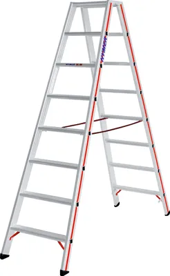 Produktbild von Hymer Stufenstehleiter, beidseitig begehbar, 2x8 Stufen, senkr. Höhe 1,85 m, Reichhöhe 3,38 m, Gewicht 10,5 kg