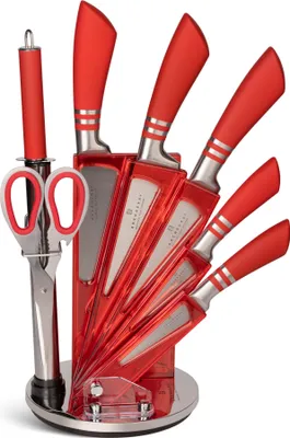 Produktbild von 8tlg. Rote Küchenmesser mit drehbarem Ständer 360°, Hackmesser Kochmesser Brotmesser Universalmesser Gemüsemesser Messerschärfer Küchenschere,