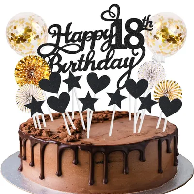 Tortendekoration 18. Geburtstag Schwarz-Gold, 17-teilig
