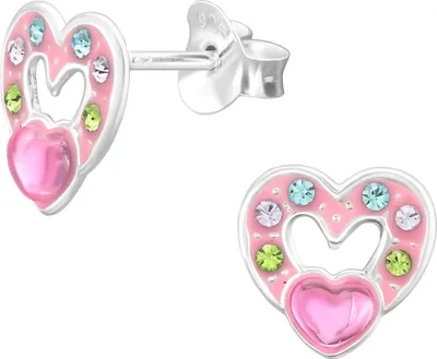 Produktbild von Kinder Ohrringe Ohrstecker 925 Sterling Silber Herz in pink mit Kristallen