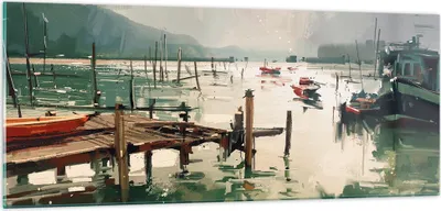 Produktbild von Bilder auf glas - Boot Ufer Brücke - 100x40cm - Glasbilder - Wandbilder - Kunstdruck - zum Aufhängen bereit - Wanddekoration aus Glas - Glas Bilder - Wandbild auf Glas - Einteilig - GAB100x40-3829
