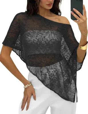 Produktbild von Strick Poncho Damen Strandkleidung Mesh Oberteil Boho Strand-Cover-ups