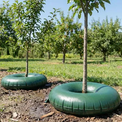Produktbild von 2er-Set Baumbewässerungsring je 55L für Sträucher & Bäume – Bewässerungsbeutel aus robustem PVC – UV-beständig – Stammumfang bis 30 cm-Tröpfchensystem
