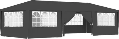 A dark grey party tent with arched windows, shown from the front with an open entrance.