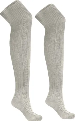 Frontansicht eines Paares traditioneller bayerischer Trachtensocken in Natur-, Melange- und Weißtönen. Mit elegantem Zopfmuster und langer Länge, ideal für Trachtenbekleidung und zum Kombinieren mit Lederhosen.