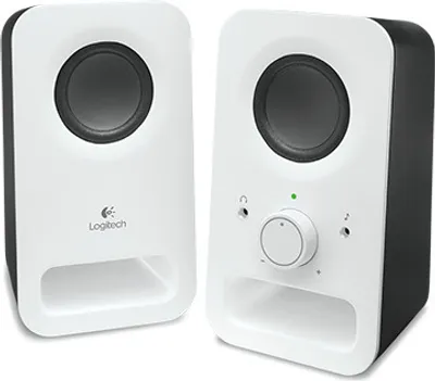 A pair of white and black Logitech PC speakers.
