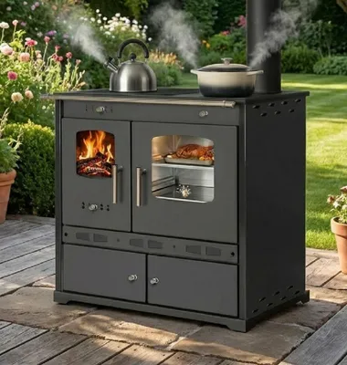 Produktbild von Outdoor-Küchenofen Gartenherd ECO LUX INOX, Edelstahlbackfach, schwarz, rechte Version