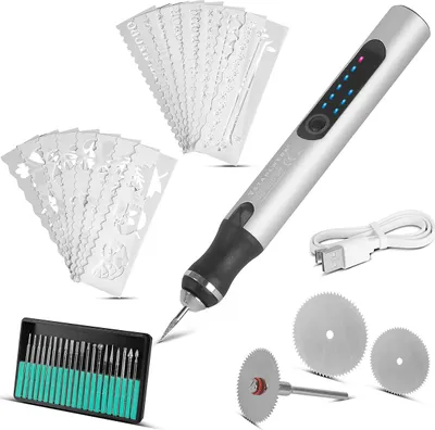 A collection of tools and accessories for engraving, including a USB-powered engraving pen, various engraving bits, cutting discs, and stencils, all arranged on a white background.
