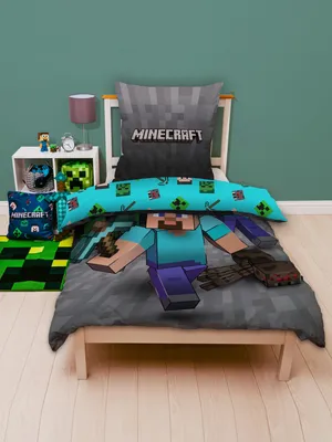 A Minecraft-themed bed set displayed on a child's bed in a room setting.