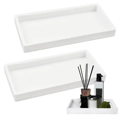 Image de Plateau en silicone - Plateau rectangulaire pour salle de bain et cuisine - Lot de 2 - Blanc - 20 x 10 cm