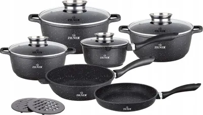 A set of cookware with a speckled black and gray marble coating, including pots with glass lids and frying pans, arranged on a white background.